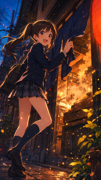 Anime style illustration of a cheerful girl in a school blazer lifting the noren curtain of a Japanese barbecue restaurant in a nostalgic alley at dusk, 夕暮れの路地裏、焼肉店の暖簾をくぐる制服姿の笑顔の女の子 アニメ風イラスト