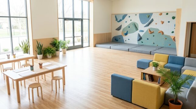 Modern youth activity center with art tables and indoor climbing wall
