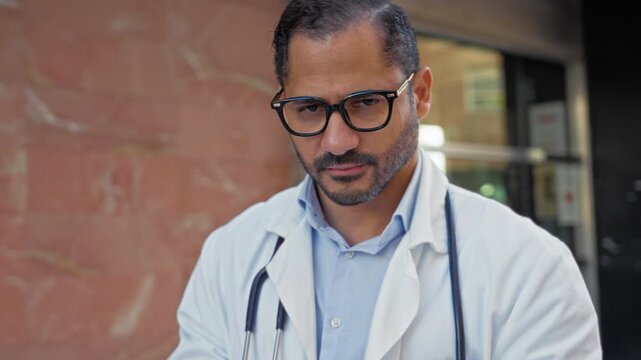 Man doctor with stethoscope checking smartphone at building entrance, wearing glasses and white coat, neutral expression and beard; confident trust care.