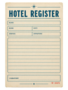 Vintage hotel register form on aged beige paper with blue guest fields and ruled ledger, front view hospitality record isolated on transparent background