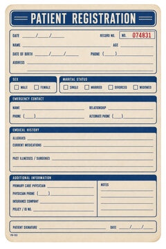 Vintage patient registration form with beige paper, blue medical fields and red record number, front view clinic intake document isolated on transparent background