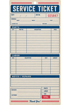 Vintage automotive service ticket with beige paper, blue repair tables and red accents, front view mechanic garage form isolated on transparent background