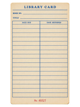 Vintage library card on beige paper with blue lending grid and red serial number, front view education record isolated on transparent background