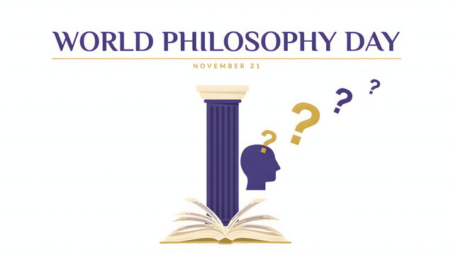 Philosophy day with a purple pillar, an open book, and a human head silhouette with floating question marks on a white background