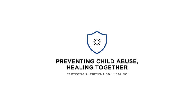Preventing child abuse and healing together awareness with a blue shield and sun symbol on a clean white background, for support