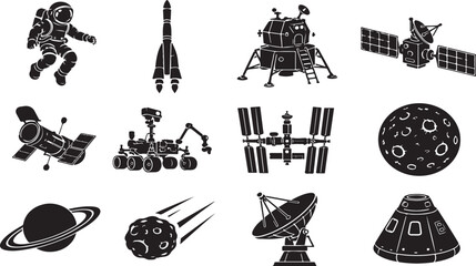 Space exploration and astronomy icons set with astronaut rocket satellite moon planet and space station silhouettes. © ShahinArt
