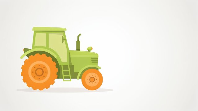 Flat vector illustration of a green tractor with large orange wheels on a neutral background with simple vector style wheel tread flat color