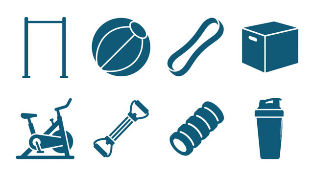 An assortment of fitness icons illustrating various workout equipment and activities, suitable for fitness-related designs, apps, or branding.