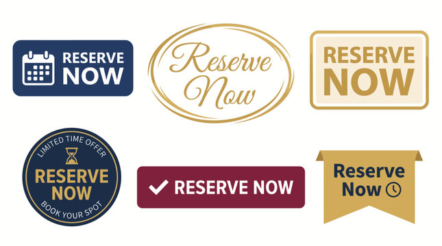 This collection of 'Reserve Now' graphics features various styles designed to effectively attract attention and prompt immediate action from potential customers.