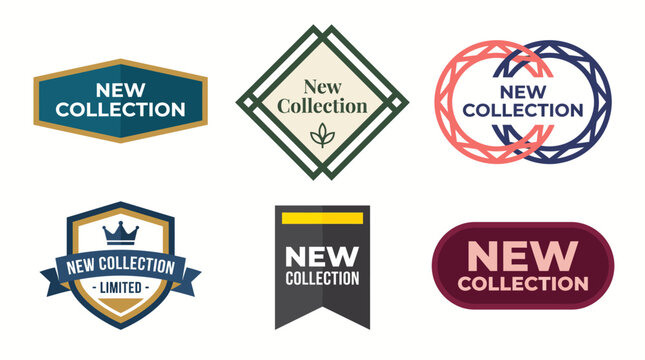 A stylish array of 'New Collection' logos and badges designed for modern retail and fashion businesses, capturing the essence of contemporary collection branding.