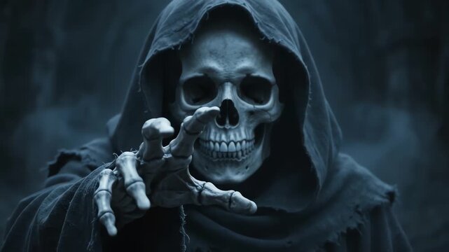 Grim reaper reaching forward in a dark foggy forest