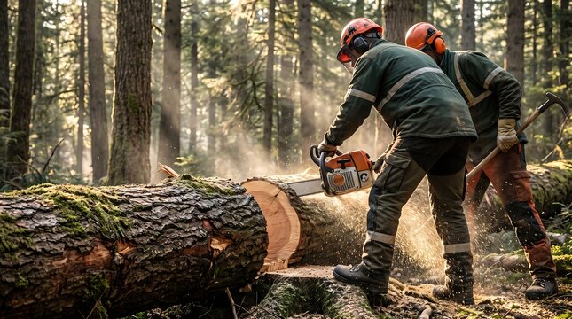 Lumberjacks Cutting Down Massive Tree Trunk with Chainsaw in Forest
