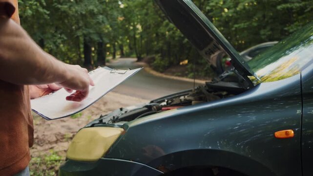 Driver studies insurance documents beside a broken-down car with an open hood on a forest roadside. He reviews the contract while waiting for help.