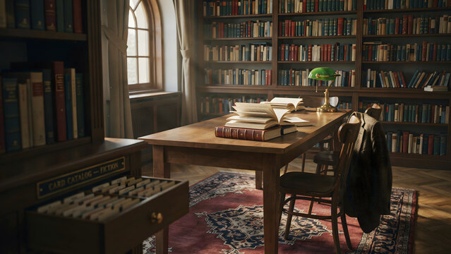 Old library interior with bookshelves, wooden tables, chairs, and a green banker lamp in a quiet academic study environment setting