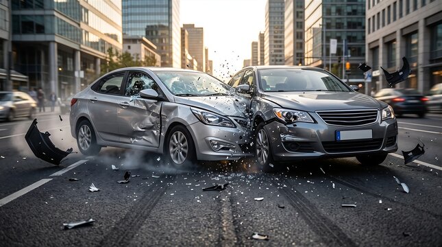 Two Silver Sedans Collide Head-On on Busy City Street with Shattered Glass