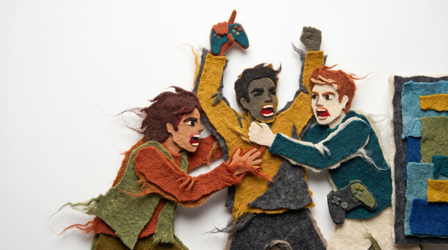 Three animated characters fighting over a video game controller  