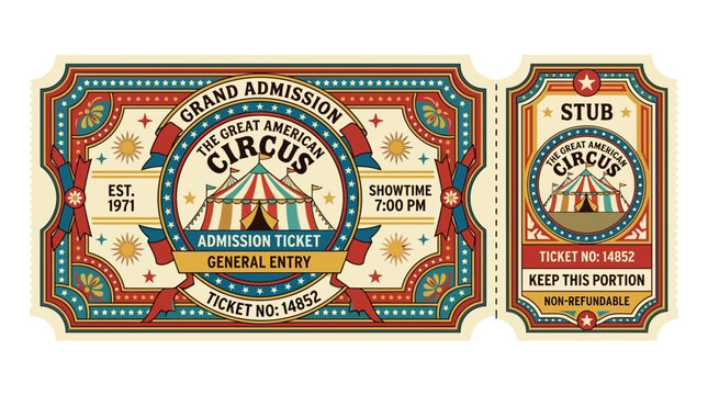 Vintage Circus Admission Ticket Stub, Retro Grand Entry Pass Isolated