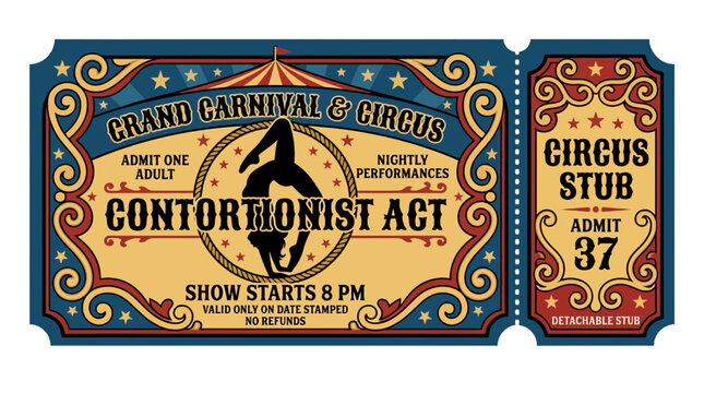 Vintage Circus Ticket Contortionist Act Grand Carnival Isolated