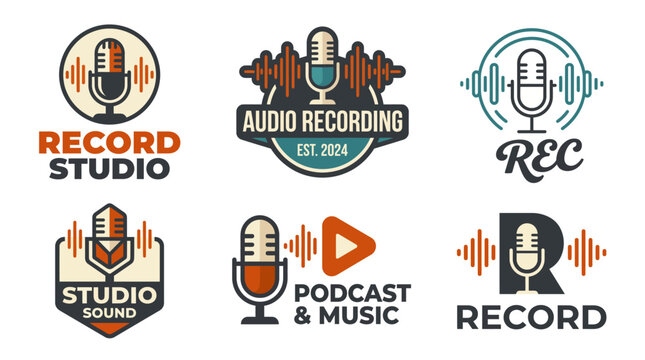 A set of versatile logos featuring microphones and audio elements, perfect for promoting podcasting, recording studios, and audio-related businesses.