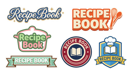 Naklejka premium This collection displays various creatively designed logos for a recipe book, highlighting culinary themes and vibrant imagery associated with cooking, food, and recipes.