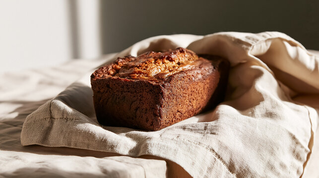 Homemade banana bread loaf resting on a rustic linen fabric, illuminated by natural sunlight, evoking comfort and baking