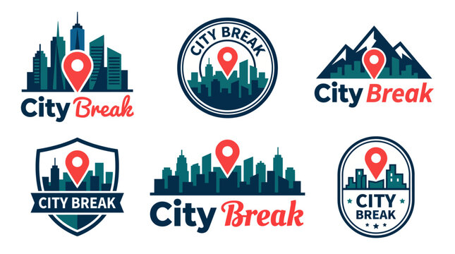Stylish city break logos suitable for travel services highlighting urban exploration, adventure, and current city landscapes, appealing to tourists or city enthusiasts.