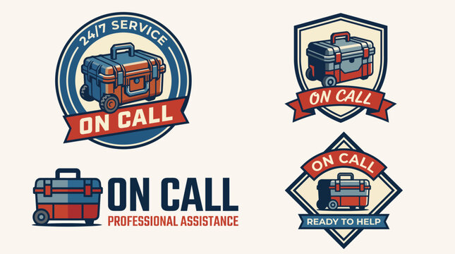 This collection features several logo designs emphasizing on-call professional services, utilizing toolbox imagery to appeal to those in need of urgent assistance.