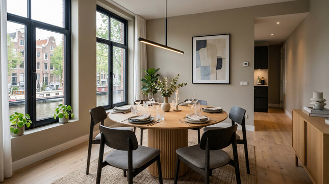 Cozy Modern Dining Room Interior with Wooden Table and Canal View in Amsterdam