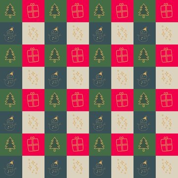 Seamless Christmas checkerboard pattern with hand drawn festive icons