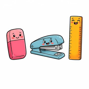 Cute Cartoon School Supplies Set with Faces: Eraser, Stapler, and Ruler