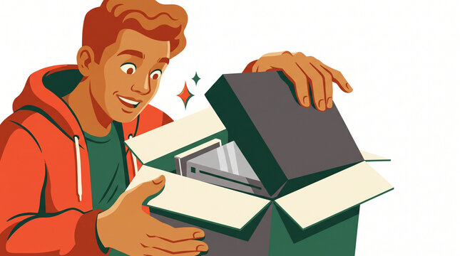 Teenage boy excitedly unboxing a new video game console  
