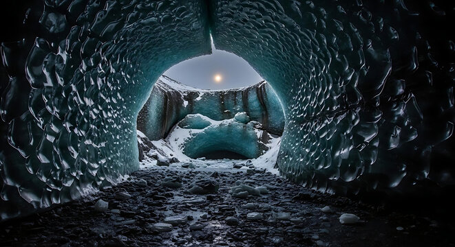 Sunlight shining through a blue ice cave tunnel