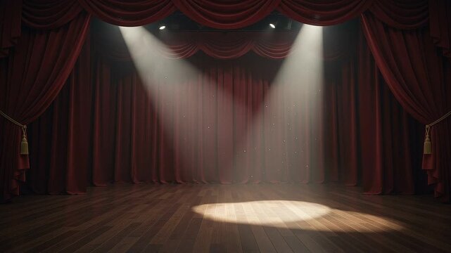 Empty Theater Stage with Red Velvet Curtains and Spotlights Shining on Wooden Floor, Dramatic Performance Atmosphere