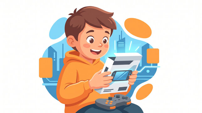 Young boy excitedly playing video game with a console in his hands  