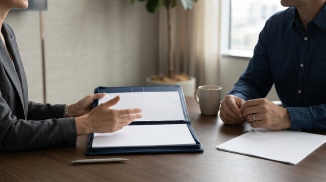 Business professionals discussing confidential documents during meeting