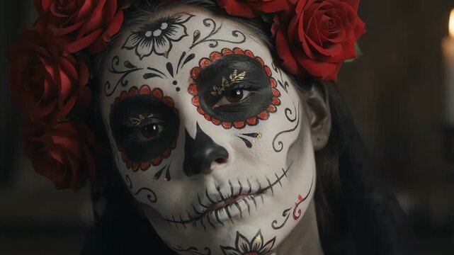Elegant woman with sugar skull makeup tilting head in slow motion