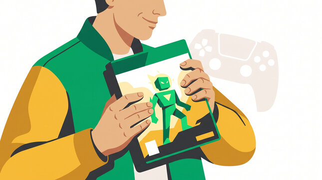 Young man holding a new video game with a gaming controller in background  