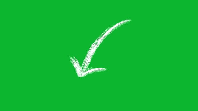 Hand drawn white chalk arrow pointing downwards motion graphic on green screen.