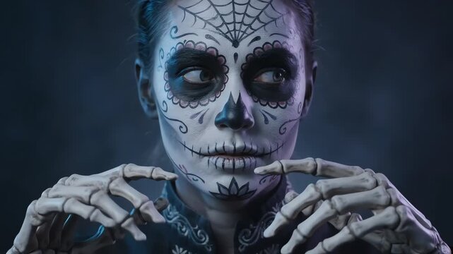 Cinematic motion of woman in calavera makeup with skeleton hands
