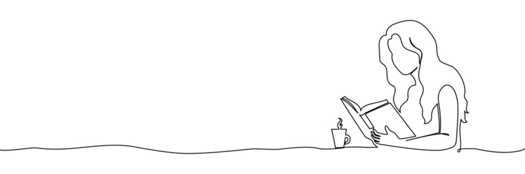 Book woman line read girl continuous student outline art illustration. Book woman drawing line child people sketch education human linear reader design bench exercise group relax newspaper library.