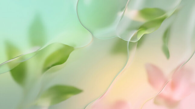 abstract spring gradient wallpaper with fluid glass waves and soft green leaves