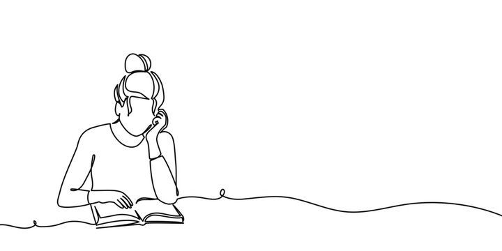 Book woman line read girl continuous student outline art illustration. Drawing line woman book child linear bench design moslem lineart muslim sitting school education relax life silhouette women.