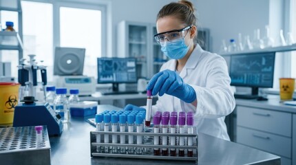 Fototapeta premium Scientist handling blood samples in modern virology laboratory