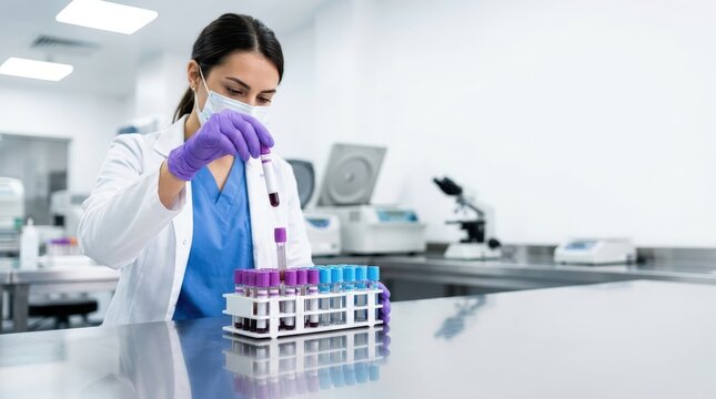 Laboratory technician handling blood samples in modern clinical lab