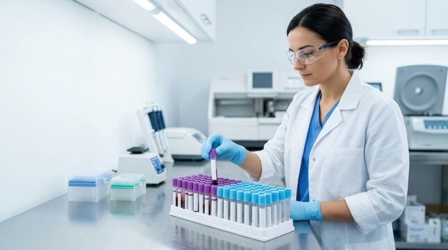Laboratory technician handling blood samples in modern clinical lab