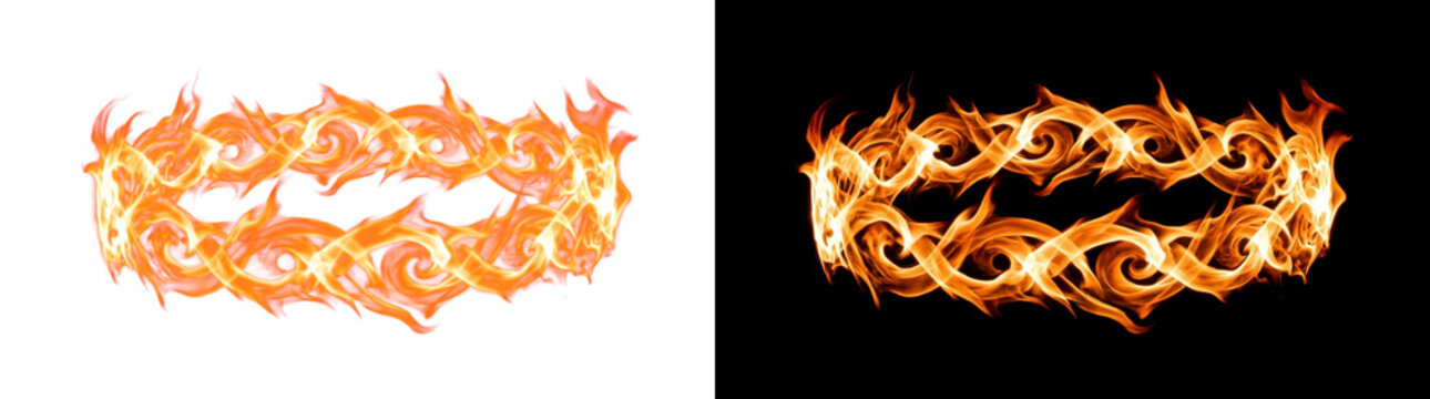 Burning tribal flame band with curling interlocked fire tongues, fiery ribbon effect cutout with real transparency