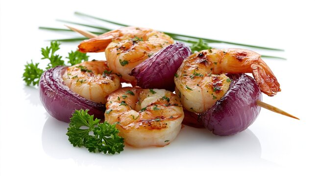 Grilled shrimp and onion skewers with fresh herbs on a white background