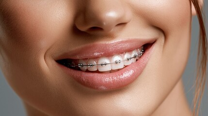 Obraz premium Young woman showing her straight white teeth with metal braces and smiling brightly in a clinic