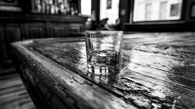 Single glass of whiskey resting on a worn wooden bar counter inside a quiet pub during the day