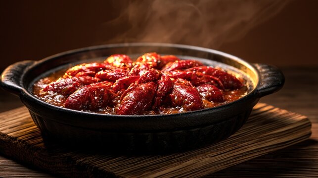 Hot crawfish cooked with spicy red sauce served in a black skillet on a wooden table